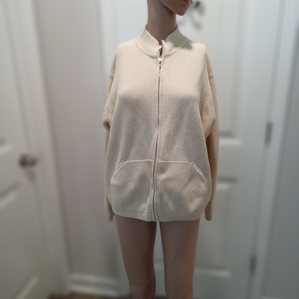 Belford Size L Cream Zip-Up Ribbed Knit Cardigan